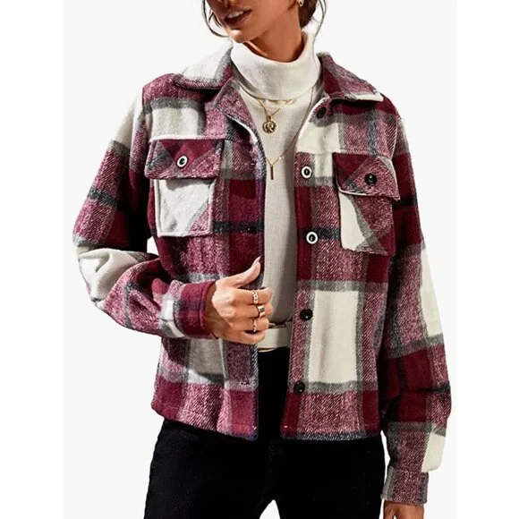 Red Plaid Print Button‎ Down Cropped Flannel Cropped Bomber Jacket Shacket